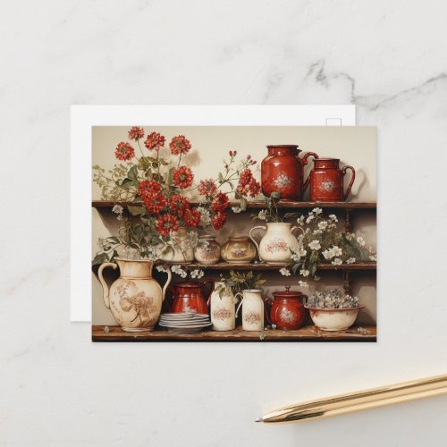  Old Wood Kitchen Shelf Red White Ceramics Flowers Postcard