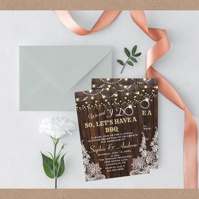 Old Wood Lace String Lights After I DO BBQ Invitation (we said I do, wedding bbq, after wedding bbq party invitation, rustic lace wedding bbq)