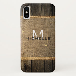 Old Wood Look Burlap Rustic Monogram iPhone X Case