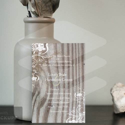 Banded Wood Look Shabby Lace Wedding Invitation