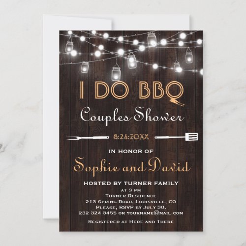 Old Wood Mason Jar String Lights Couples Shower Invitation
