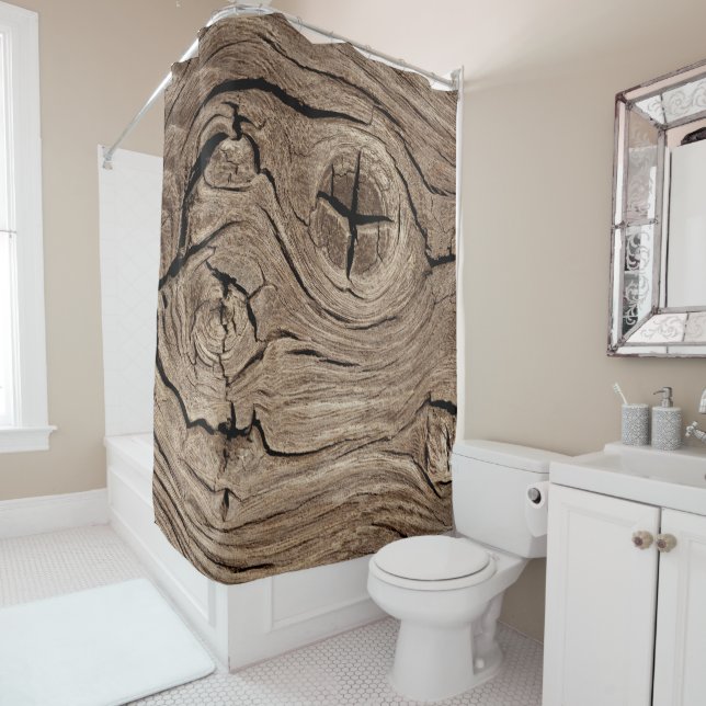 old wood, vintage shower curtain (In Situ)