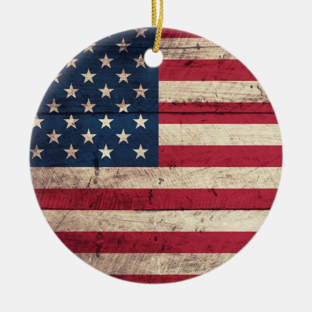 Old Wooden American Flag Ceramic Ornament (Front)