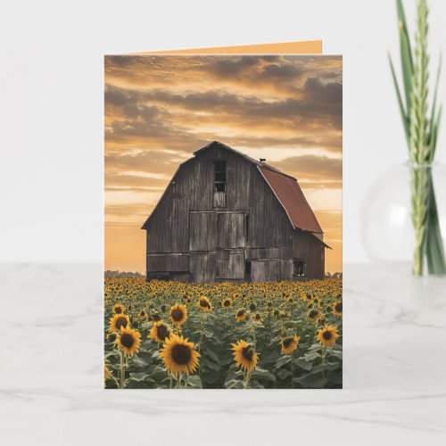 Old Wooden Barn In Sunflowers Card