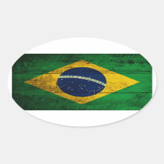 Old Wooden Brazil Flag Oval Sticker