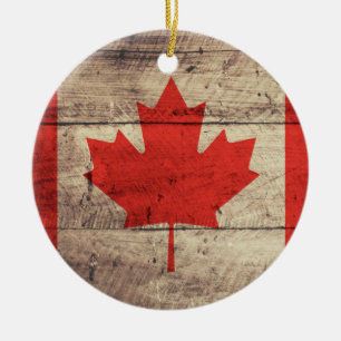 Old Wooden Canadian Flag Ceramic Ornament