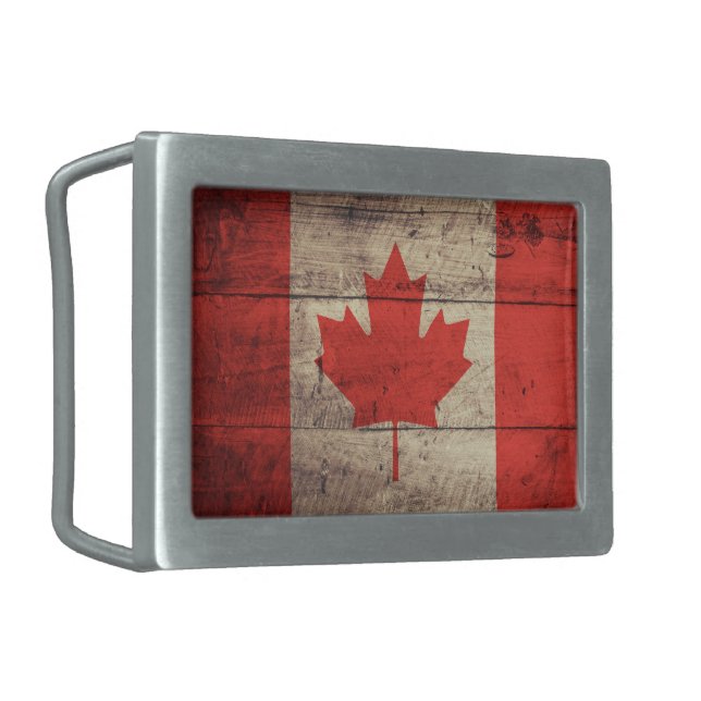 Old Wooden Canadian Flag Rectangular Belt Buckle (Front Left)
