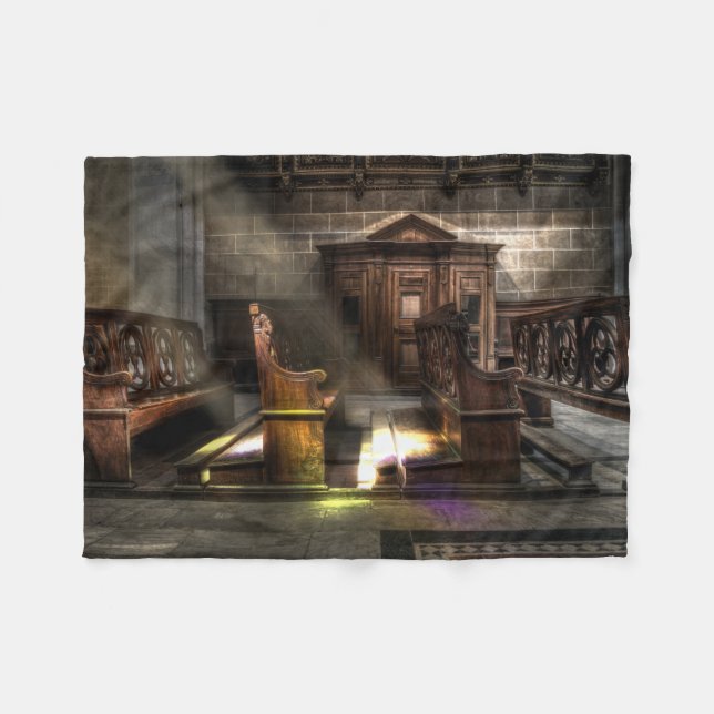 Old Wooden Church Bench with Kneeler Fleece Blanket (Front (Horizontal))