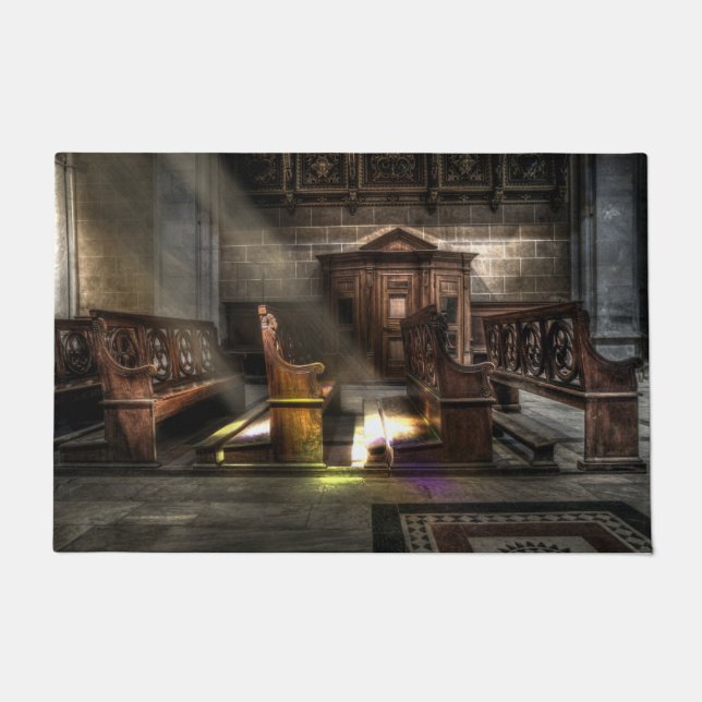 Old Wooden Church Bench with Kneeler Floor Mat (Front)