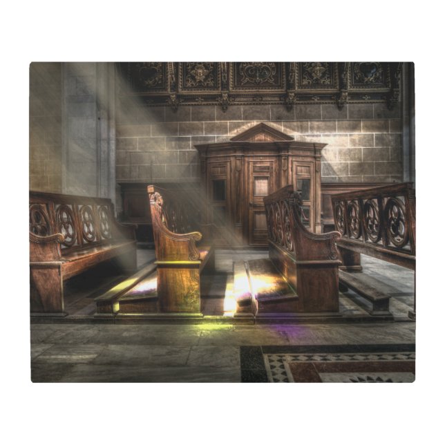 Old Wooden Church Bench with Kneeler Metal Print (Front)