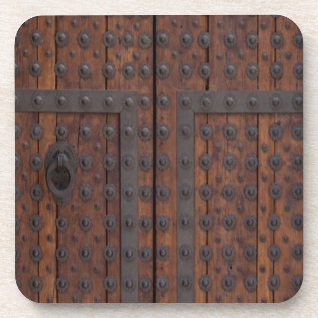 Old Wooden Door With Black Metal Reinforcements Beverage Coaster (Front)