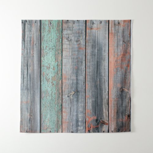 Old wooden fence painted in different color trend tapestry