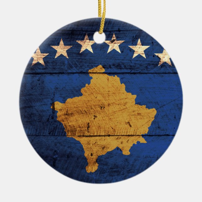 Old Wooden Kosovo Flag Ceramic Ornament (Front)