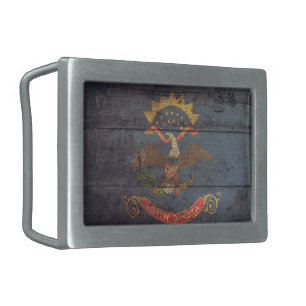 Old Wooden North Dakota Flag; Rectangular Belt Buckle
