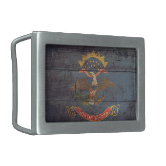 Old Wooden North Dakota Flag; Rectangular Belt Buckle