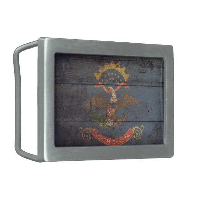 Old Wooden North Dakota Flag; Rectangular Belt Buckle (Front Left)