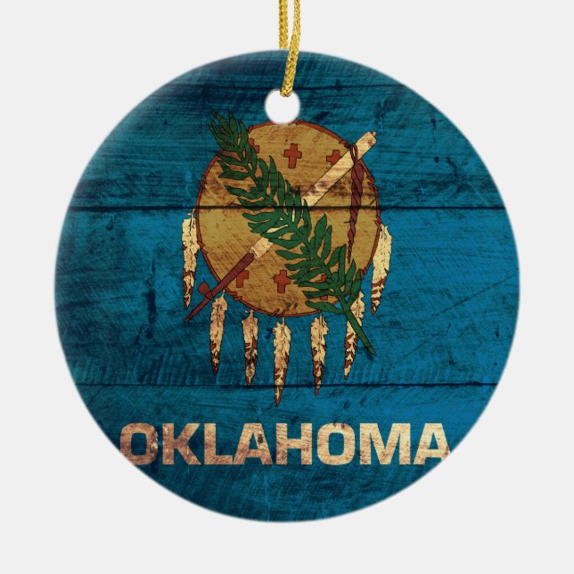 Old Wooden Oklahoma Flag; Ceramic Ornament (Front)