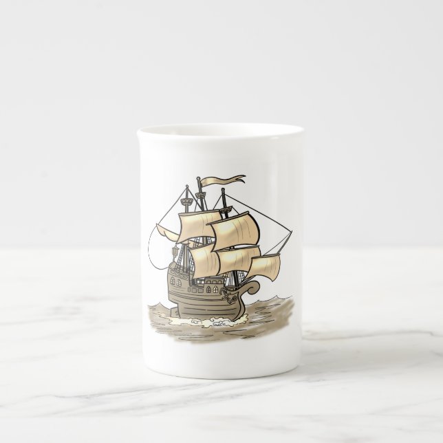 Old Wooden Sailing Ship Bone China Mug (Front)