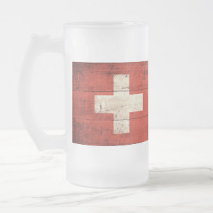 Old Wooden Switzerland Flag Frosted Glass Beer Mug