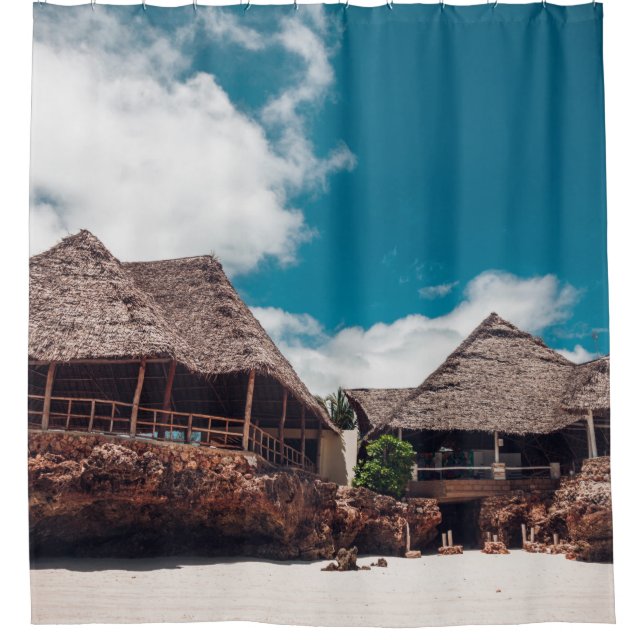 Old wooden tropical bungalow on the beachancient,a shower curtain (Front)