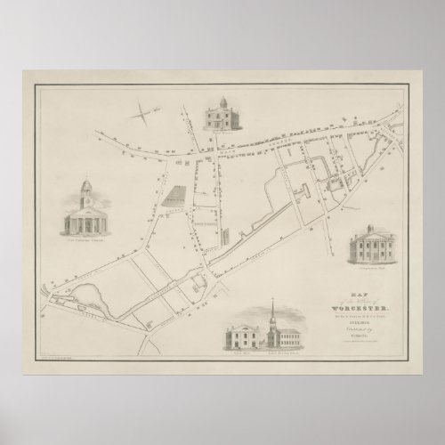 Old Worcester MA Map 1829 Vintage Massachusetts  Poster