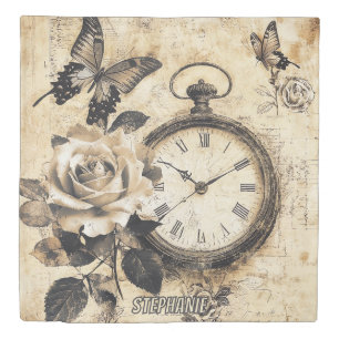 Old World Brown Botanical Compass Butterfly Duvet Cover