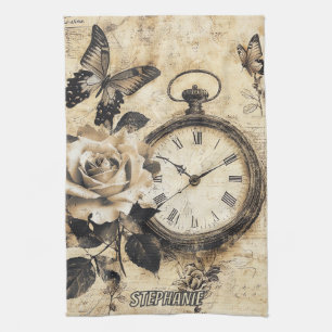 Old World Brown Botanical Compass Butterfly Kitchen Towel