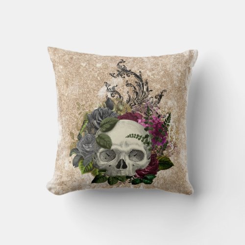 Old World Burgundy Pink Floral Skull on Gold Throw Pillow