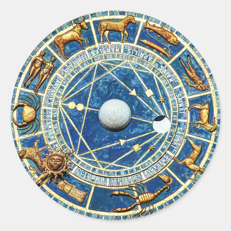 Old World Celestial Blue Zodiac Astrology Wheel Ma Classic Round Sticker |  Zazzle