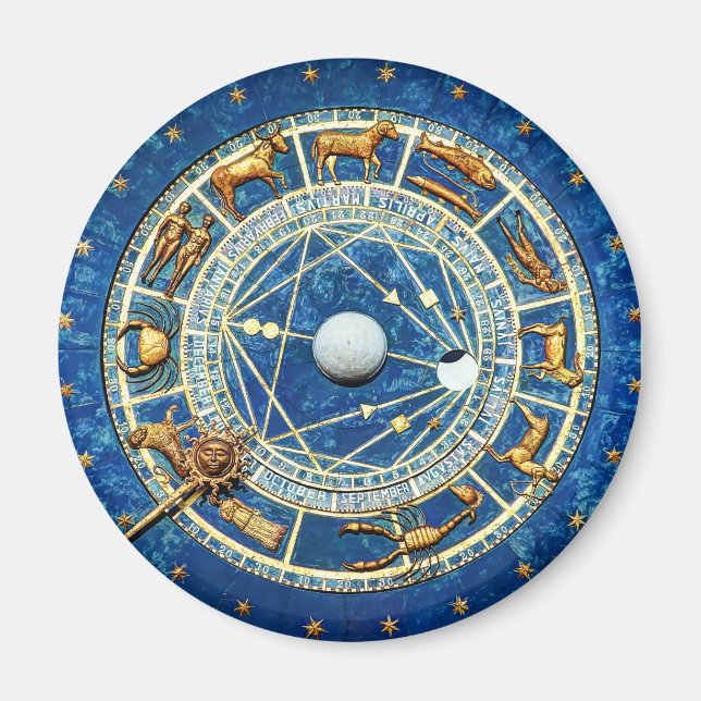 Old World Celestial Blue Zodiac Astrology Wheel Magnet (Front)
