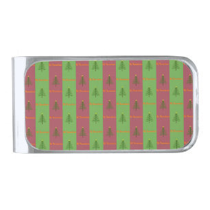 Old World Christmas Tree Pattern Evergreen Silver Finish Money Clip