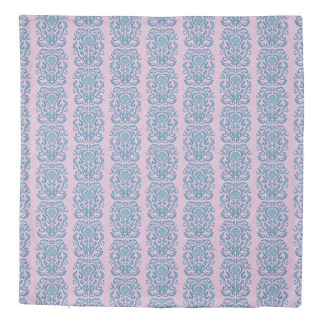 Old World Damask aqua blue repeat pattern orchid Duvet Cover (Back)