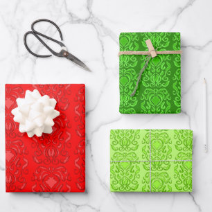 Old World Damask Tonal Red and Green Patterns Wrapping Paper Sheets