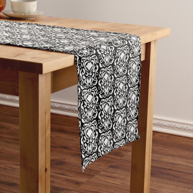 Old World Damask White on Black Medium Table Runner (In Situ)