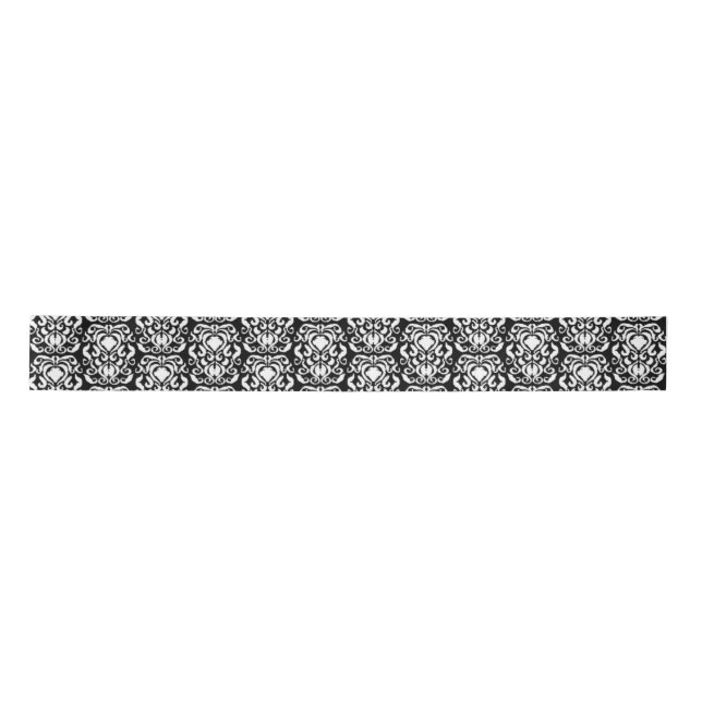 Old World Damask White on Black Satin Ribbon (Front)