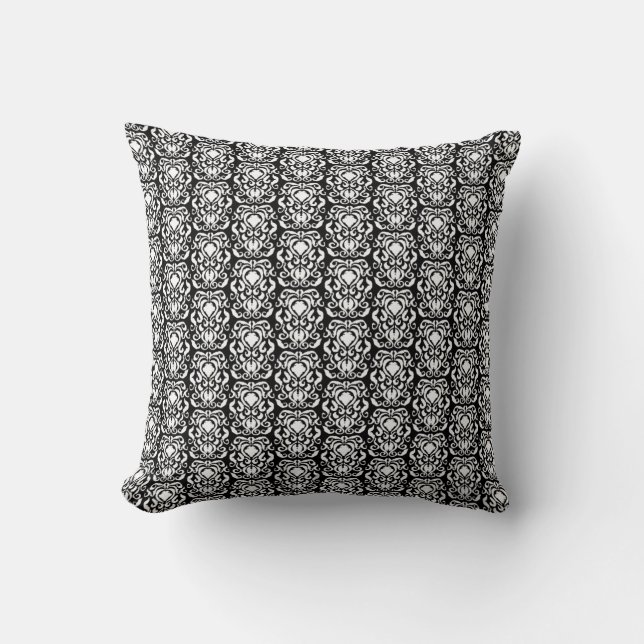 Old World Damask White on Black Throw Pillow (Front)