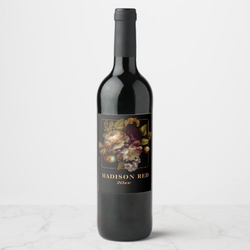 Old World Dark Floral Bouquet with Monogram Square Wine Label