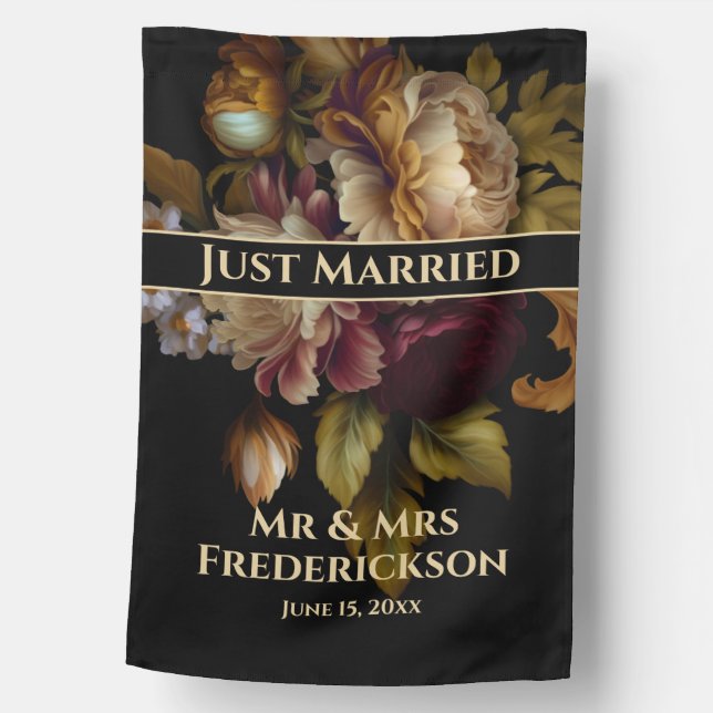 Old World Dark Floral, Just Married Wedding  House Flag (Front)