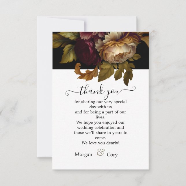 Old World Dark Floral Wedding Thank You Card (Front)