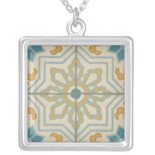 Old World Decorative Tile Pattern Silver Plated Necklace