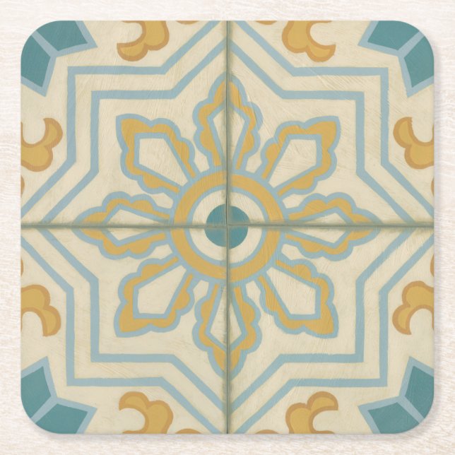 Old World Decorative Tile Pattern Square Paper Coaster (Front)