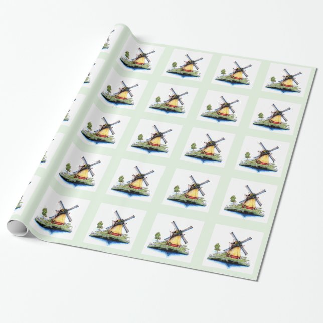 Old World Dutch Windmill Wrapping Paper (Unrolled)