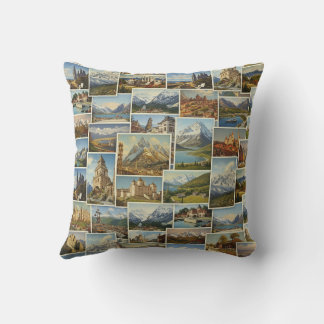Old-World European Postcard Collage Pattern Throw Pillow
