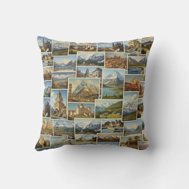 Old-World European Postcard Collage Pattern Throw Pillow (Back)