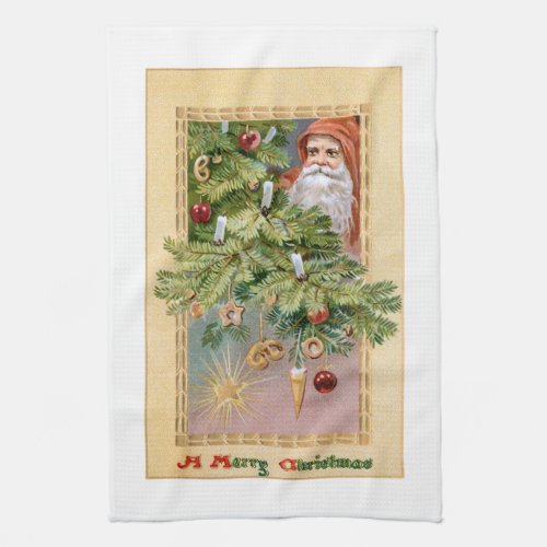 Old World Father Christmas and Decorated Tree Kitchen Towel