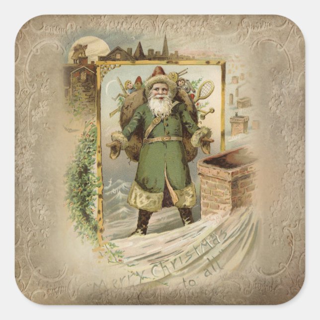 Old World Father Christmas in Green Robes Square Sticker (Front)