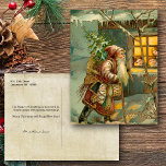 Old World Father Christmas in Snow with Gifts Holiday Postcard<br><div class="desc">Charming Victorian Christmas card illustration featuring old world Father Christmas walking through the snow bringing toys and a tree to children in a cozy cottage.</div>