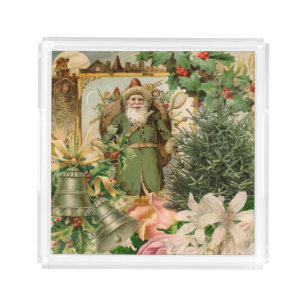 Old World Green Santa Christmas Collage Antique  Acrylic Tray