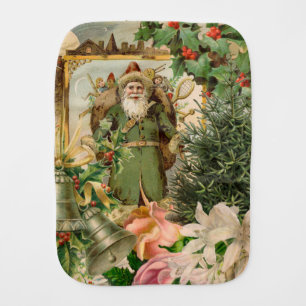 Old World Green Santa Christmas Collage Antique  Baby Burp Cloth