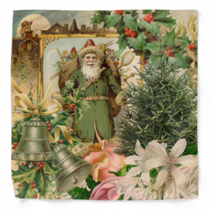 Old World Green Santa Christmas Collage Antique  Bandana